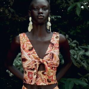 Zara Floral Tie-Front Crop Top - Pink and Orange